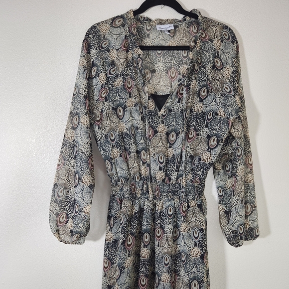 Veronica M Catia Peacock Feather Print Chiffon Smocked Dress L - Picture 1 of 17